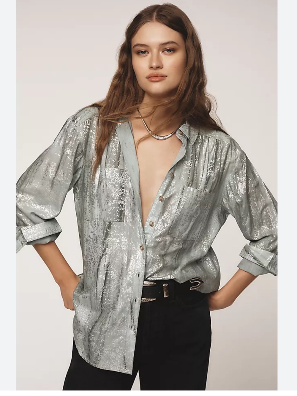 Anthropologie Pilcro Foil Shine Buttondown Shirt Blouse Top Size 1X Metallic